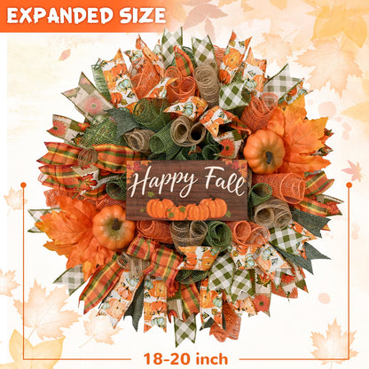 Waipfaru Fall Wreath for Front Door,20"Autumn Mesh Door Wreath with Pumpkins,Rustic Farmhouse Decor for Thanksgiving Harvest Home Decor