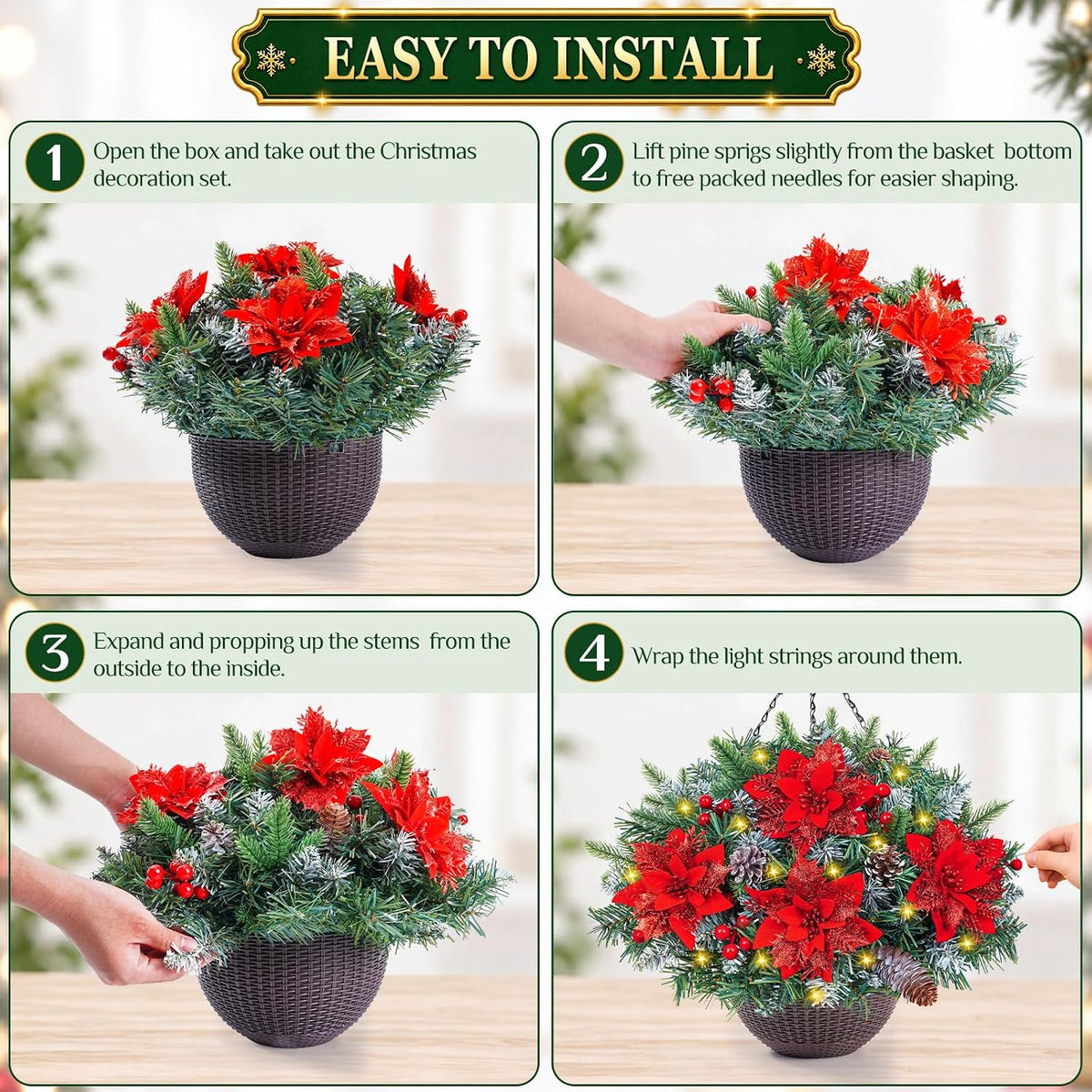 Waipfaru Set of 2 Artificial Christmas Hanging Basket with lights, Fake Silk Flowers for Outdoor Indoor Front Porch, Garden, Patio, Home Xmas Decor