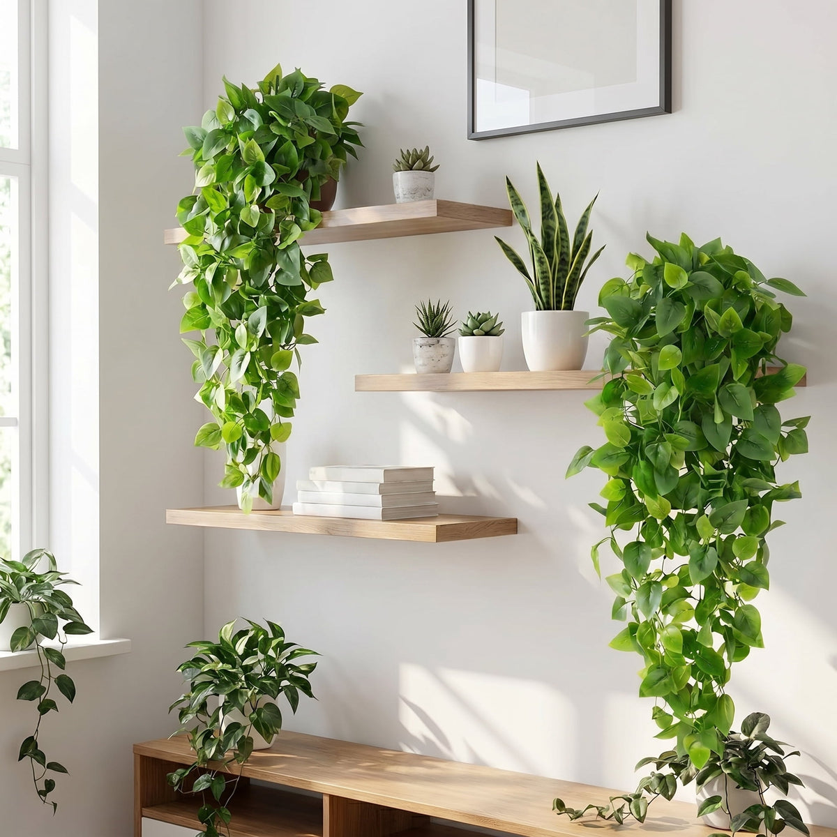 Waipfaru 4 Pack Artificial Pothos Hanging Plants, 42" Fake Trailing Vines Faux Pothos Greenery, Indoor Outdoor Hanging Ivy Foliage for Shelf Wall Patio Farmhouse Decoration
